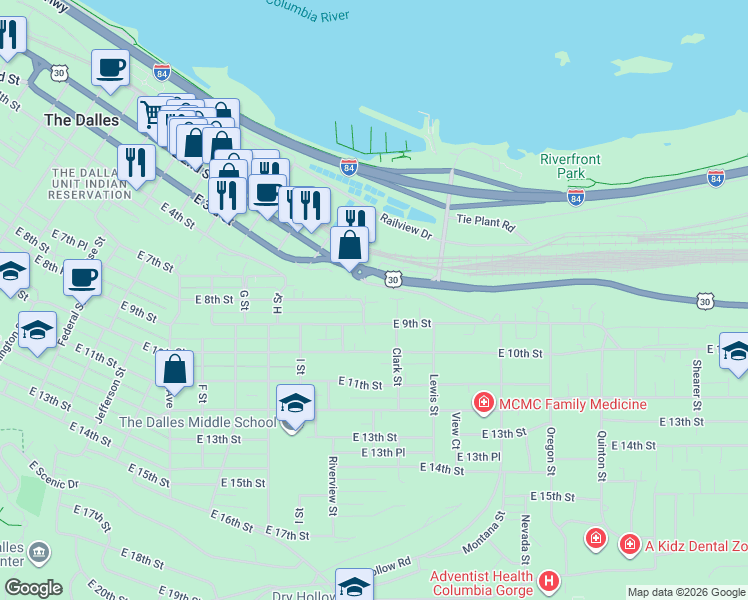 map of restaurants, bars, coffee shops, grocery stores, and more near 1829 East 8th Street in The Dalles