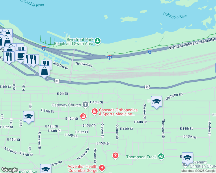 map of restaurants, bars, coffee shops, grocery stores, and more near 1819 Cliff Street in The Dalles