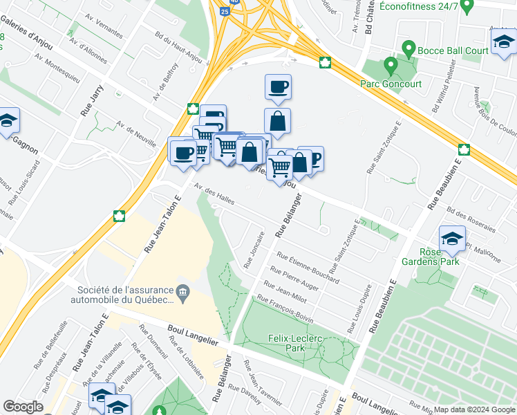 map of restaurants, bars, coffee shops, grocery stores, and more near 7441 Avenue des Halles in Montréal