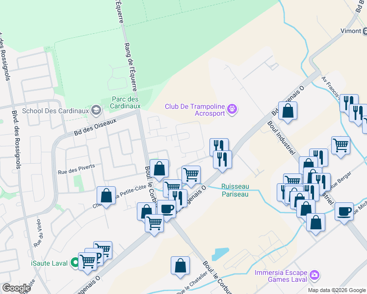 map of restaurants, bars, coffee shops, grocery stores, and more near 1153 Rue du Grand-Pic in Laval