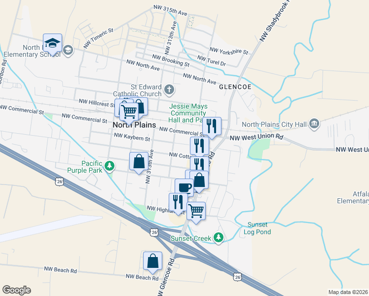 map of restaurants, bars, coffee shops, grocery stores, and more near 30966 Northwest Kaybern Street in North Plains