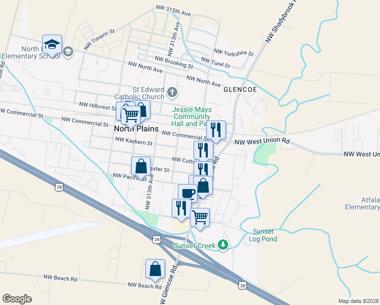 map of restaurants, bars, coffee shops, grocery stores, and more near 31020 Northwest Kaybern Street in North Plains