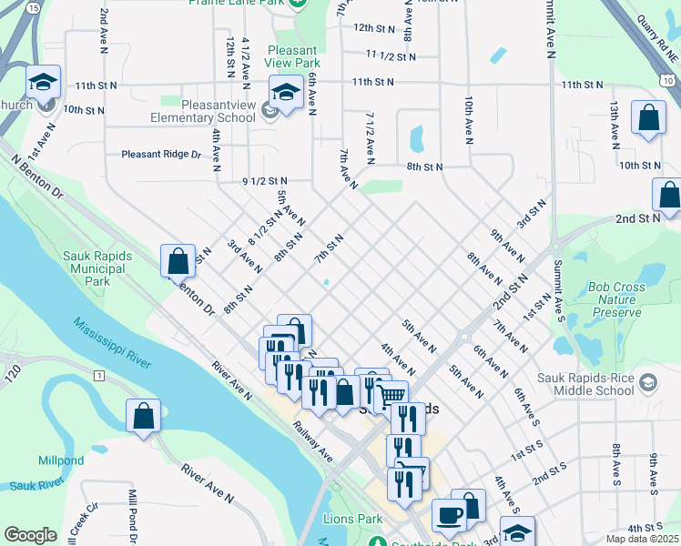 map of restaurants, bars, coffee shops, grocery stores, and more near 612 5th Avenue North in Sauk Rapids