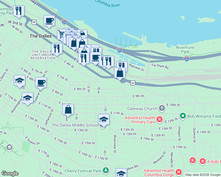 map of restaurants, bars, coffee shops, grocery stores, and more near 1123 East 8th Street in The Dalles