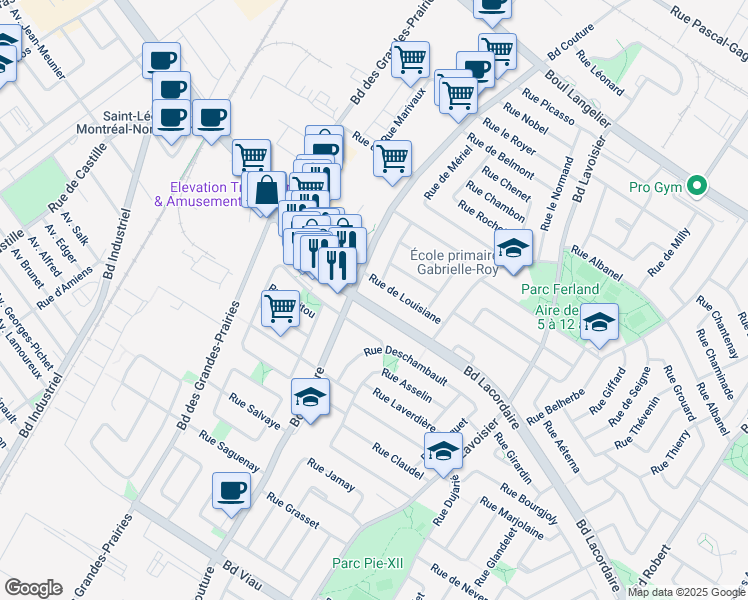 map of restaurants, bars, coffee shops, grocery stores, and more near 9147 Boulevard Lacordaire in Montréal