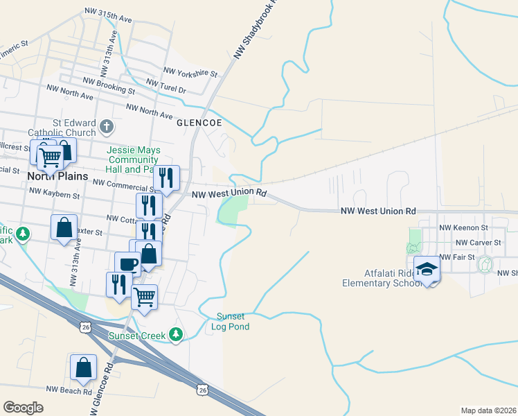 map of restaurants, bars, coffee shops, grocery stores, and more near 30288 Northwest Stewart Lane in North Plains