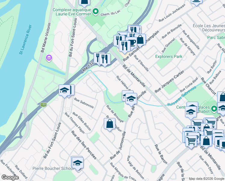 map of restaurants, bars, coffee shops, grocery stores, and more near 900 Place Hélène Boullé in Boucherville