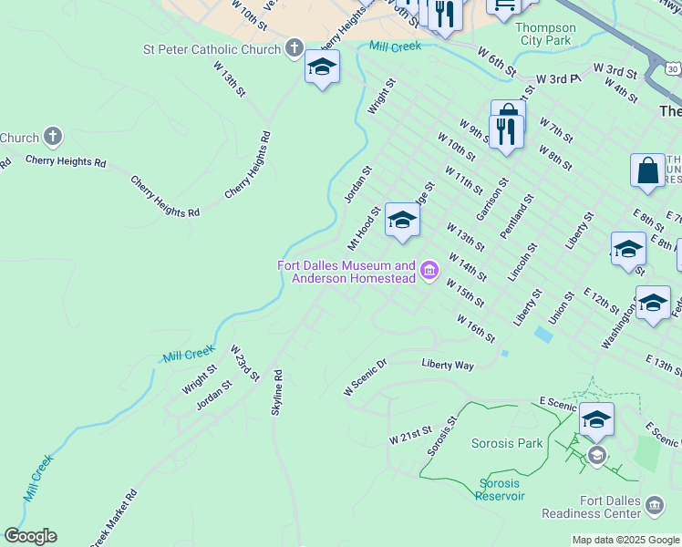 map of restaurants, bars, coffee shops, grocery stores, and more near 1717 Mount Hood Street in The Dalles