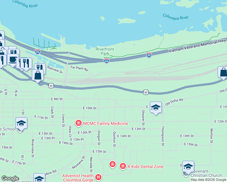 map of restaurants, bars, coffee shops, grocery stores, and more near 1829 East 8th Street in The Dalles