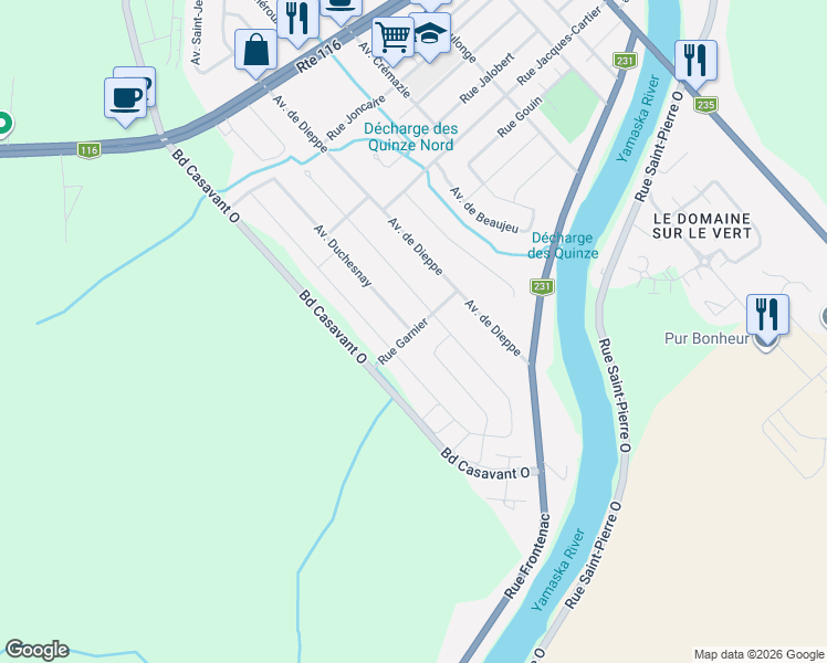 map of restaurants, bars, coffee shops, grocery stores, and more near 5985 Rue Garnier in Saint-Hyacinthe