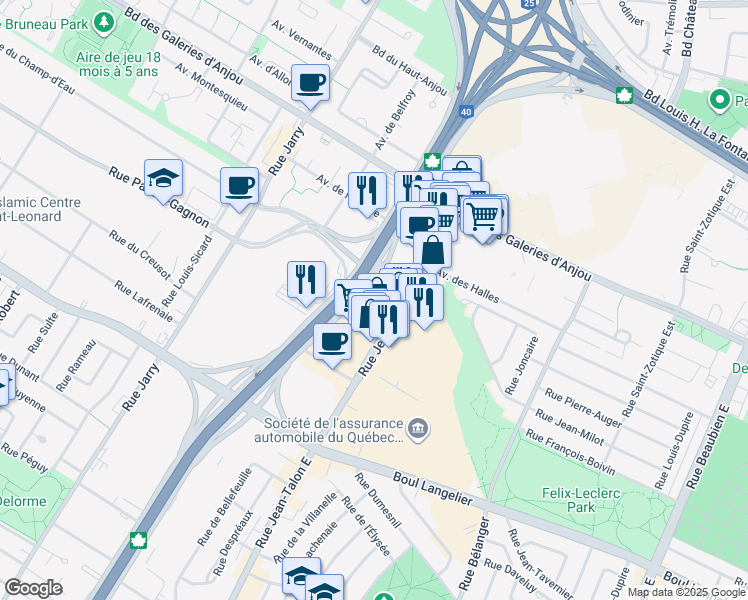 map of restaurants, bars, coffee shops, grocery stores, and more near 6875 Rue Jean-Talon Est in Montréal