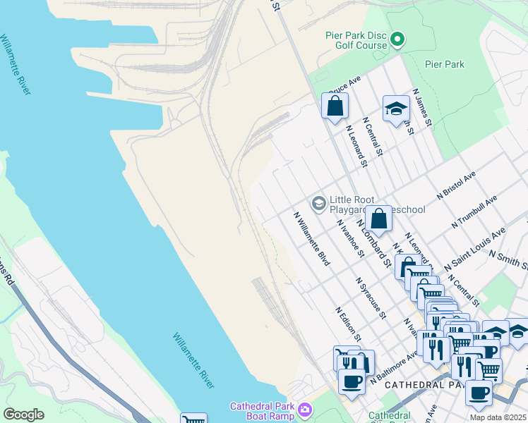 map of restaurants, bars, coffee shops, grocery stores, and more near 9927 North Decatur Street in Portland