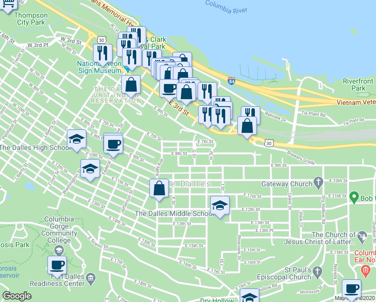 map of restaurants, bars, coffee shops, grocery stores, and more near 913 East 8th Street in The Dalles