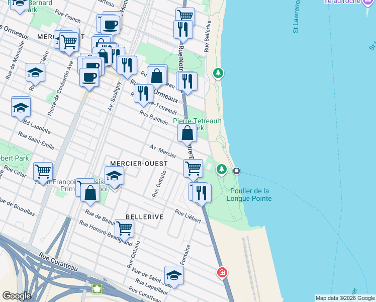 map of restaurants, bars, coffee shops, grocery stores, and more near 8521 Rue Notre-Dame Est in Montréal