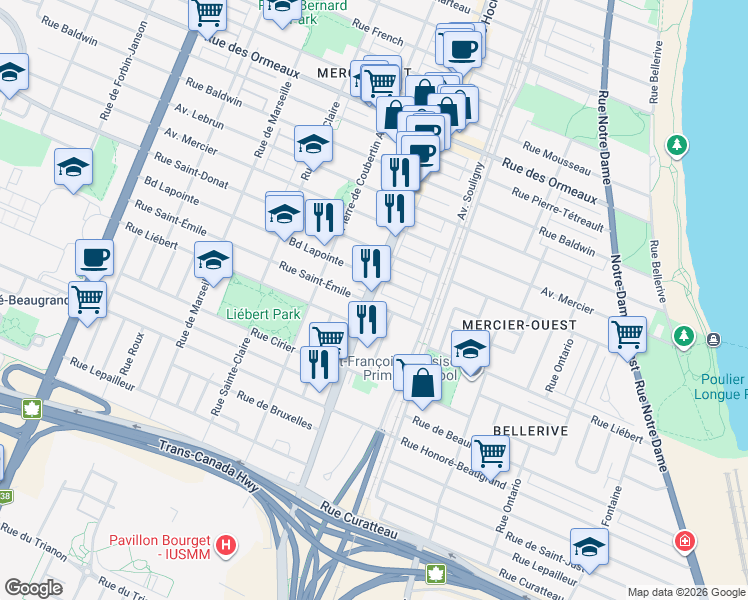map of restaurants, bars, coffee shops, grocery stores, and more near 8256 Rue Hochelaga in Montréal