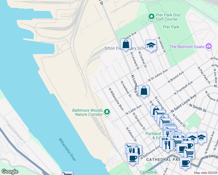 map of restaurants, bars, coffee shops, grocery stores, and more near 9848 North Willamette Boulevard in Portland