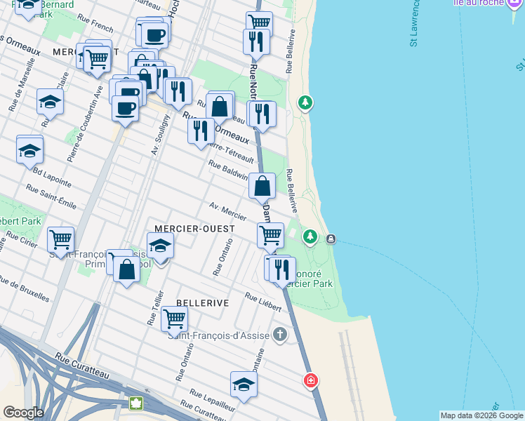 map of restaurants, bars, coffee shops, grocery stores, and more near 8521 Rue Notre-Dame Est in Montréal