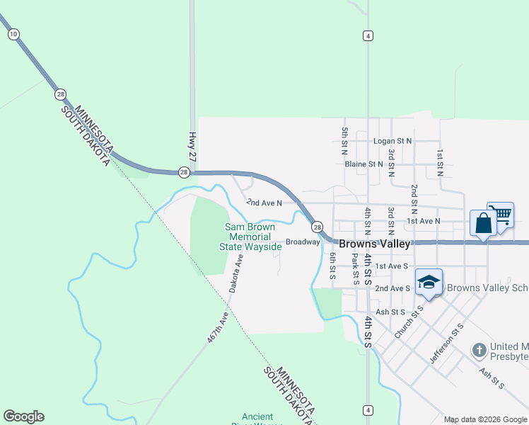 map of restaurants, bars, coffee shops, grocery stores, and more near 751 2nd Avenue North in Browns Valley