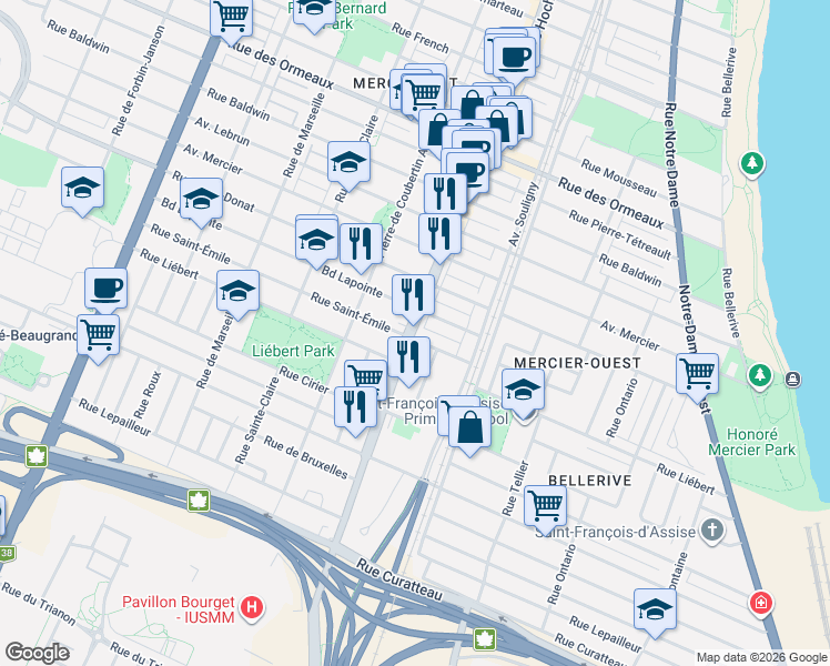 map of restaurants, bars, coffee shops, grocery stores, and more near 8256 Rue Hochelaga in Montréal