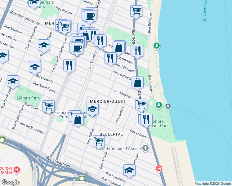 map of restaurants, bars, coffee shops, grocery stores, and more near 2066 Avenue Mercier in Montréal