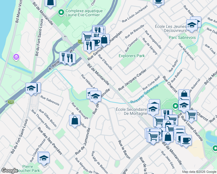map of restaurants, bars, coffee shops, grocery stores, and more near 451 Rue de Jumonville in Boucherville