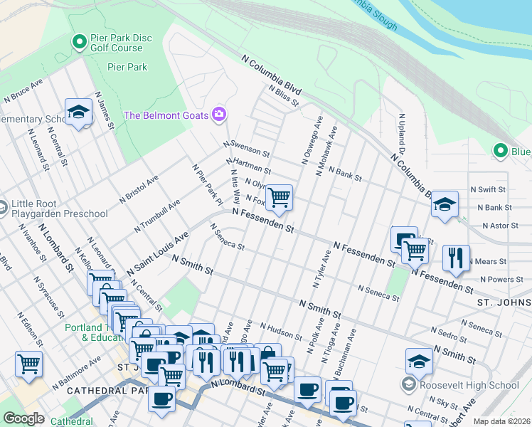 map of restaurants, bars, coffee shops, grocery stores, and more near 8135 North Fox Street in Portland