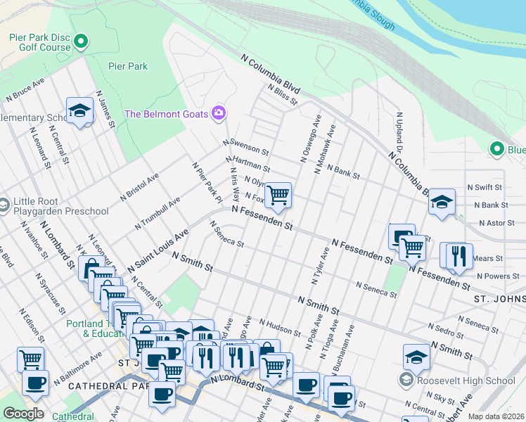 map of restaurants, bars, coffee shops, grocery stores, and more near 8135 North Fox Street in Portland