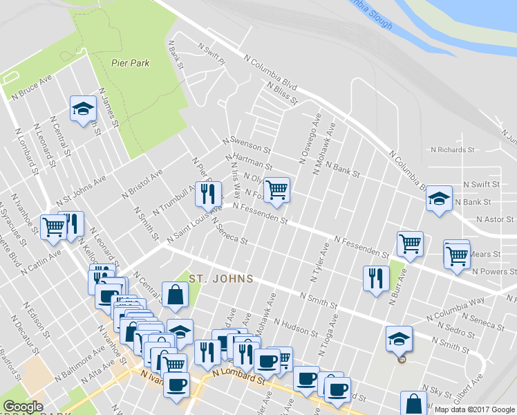 map of restaurants, bars, coffee shops, grocery stores, and more near 9635 North Charleston Avenue in Portland