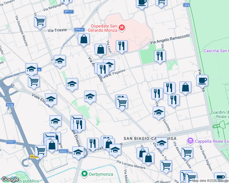 map of restaurants, bars, coffee shops, grocery stores, and more near 5 Via Muzio Clementi in Monza