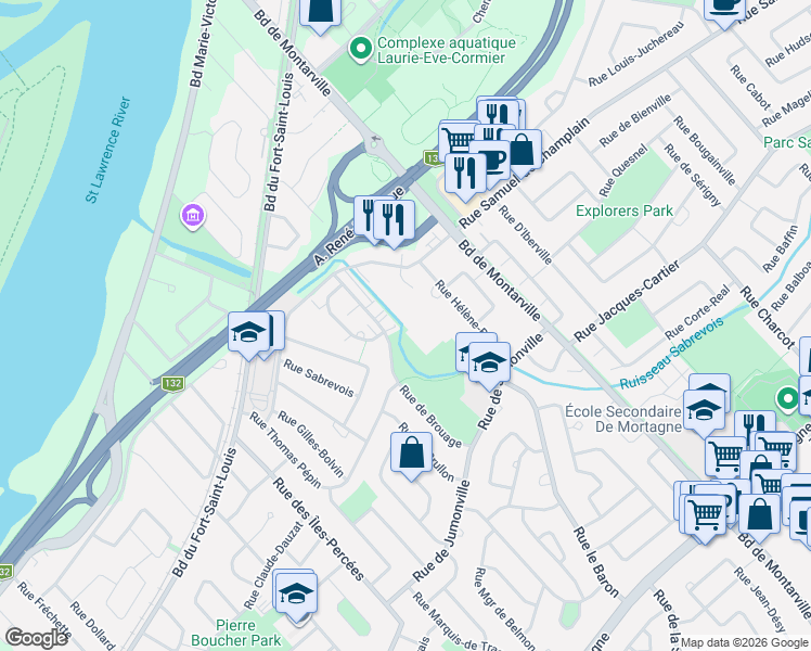 map of restaurants, bars, coffee shops, grocery stores, and more near 838 Rue Hélène-Boullé in Boucherville