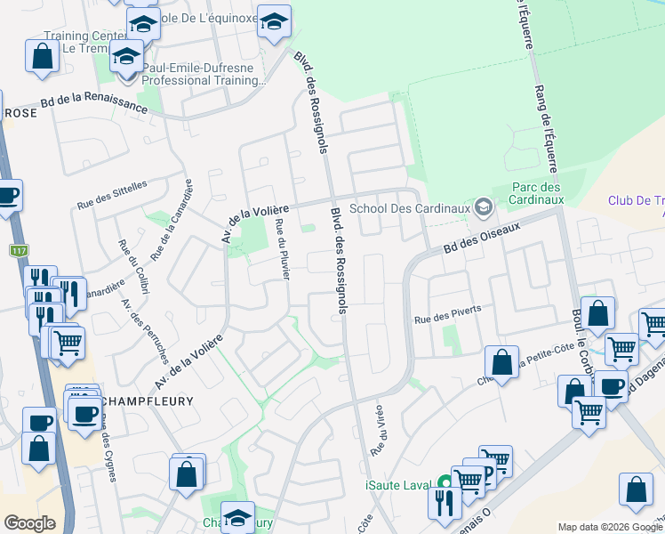 map of restaurants, bars, coffee shops, grocery stores, and more near 2410 Rue du Faisan in Laval