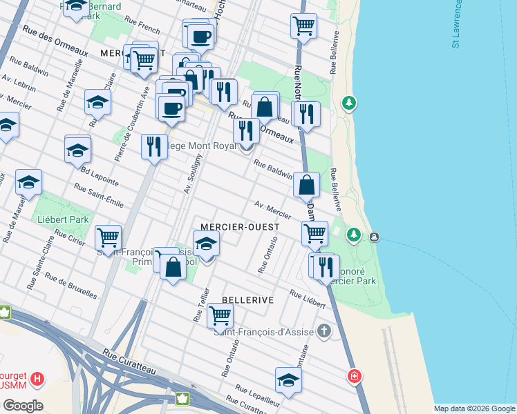 map of restaurants, bars, coffee shops, grocery stores, and more near 2068 Avenue Mercier in Montréal