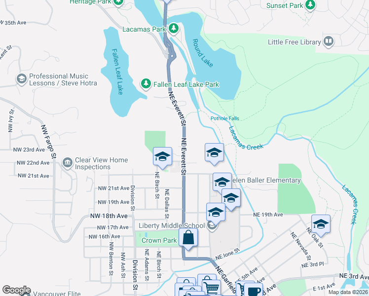 map of restaurants, bars, coffee shops, grocery stores, and more near 2425 Northeast Everett Street in Camas