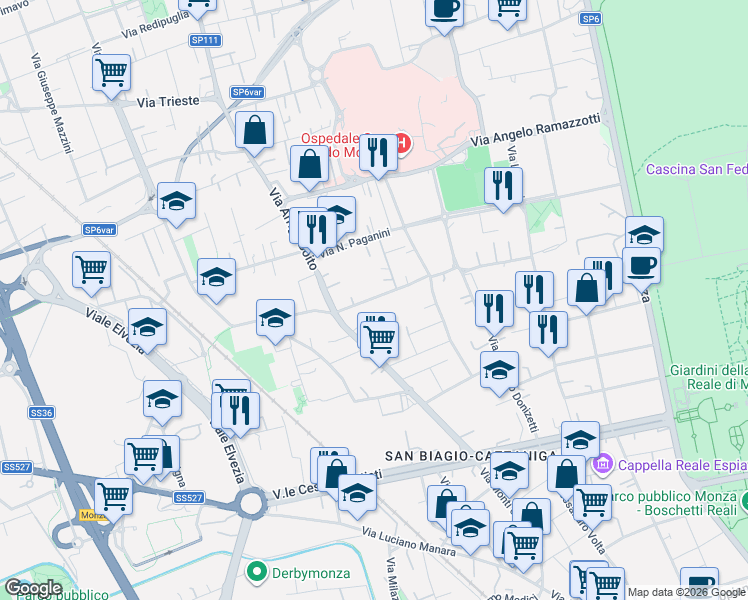 map of restaurants, bars, coffee shops, grocery stores, and more near 5 Via Muzio Clementi in Monza