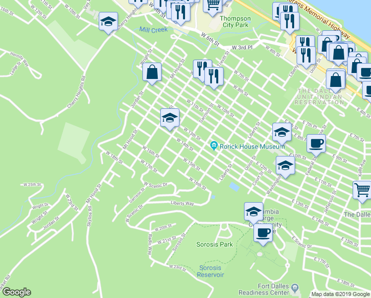 map of restaurants, bars, coffee shops, grocery stores, and more near 422 West 14th Street in The Dalles