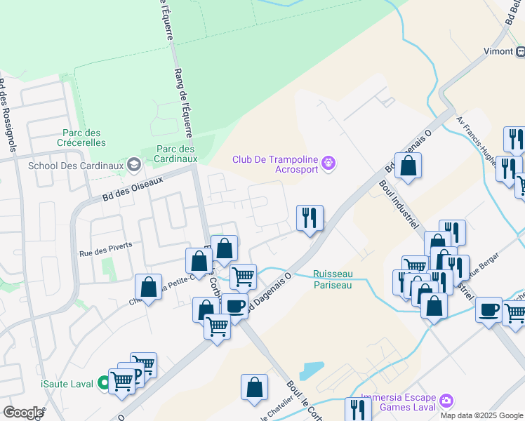 map of restaurants, bars, coffee shops, grocery stores, and more near 813 Croissant des Roselins in Laval