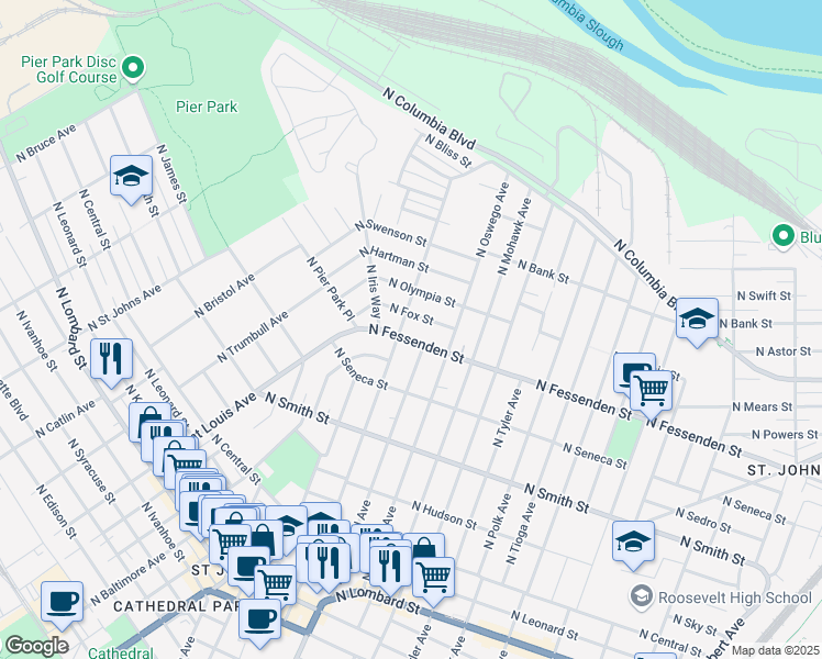 map of restaurants, bars, coffee shops, grocery stores, and more near 8231 North Fessenden Street in Portland