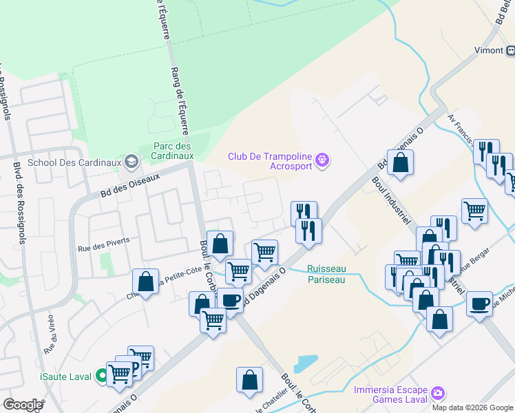 map of restaurants, bars, coffee shops, grocery stores, and more near 813 Croissant des Roselins in Laval