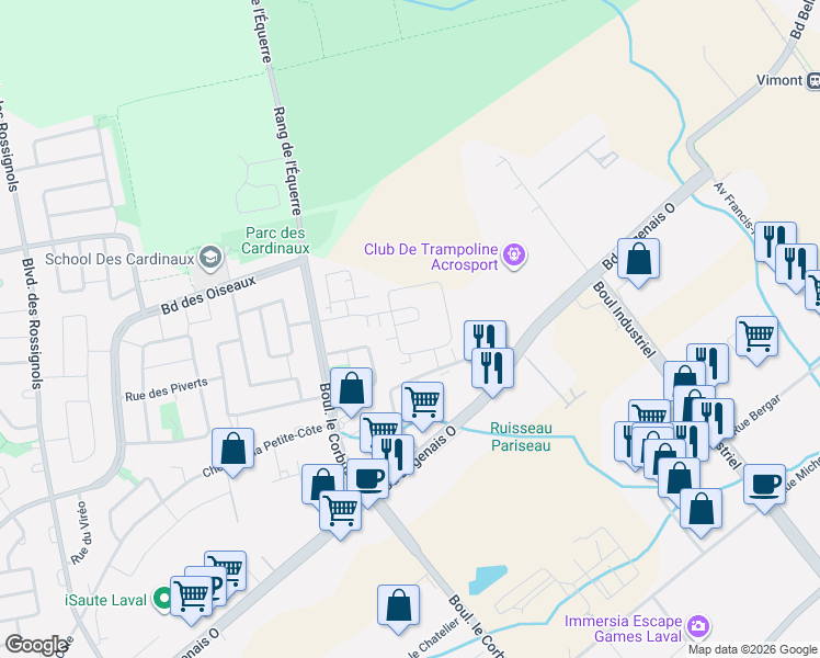 map of restaurants, bars, coffee shops, grocery stores, and more near 811 Croissant des Roselins in Laval