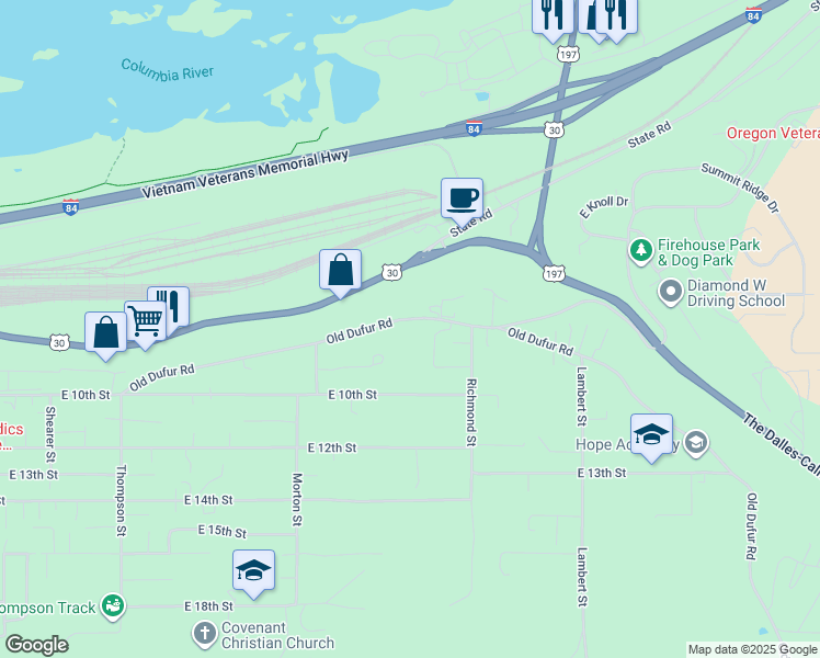map of restaurants, bars, coffee shops, grocery stores, and more near 2837 East 9th Street in The Dalles