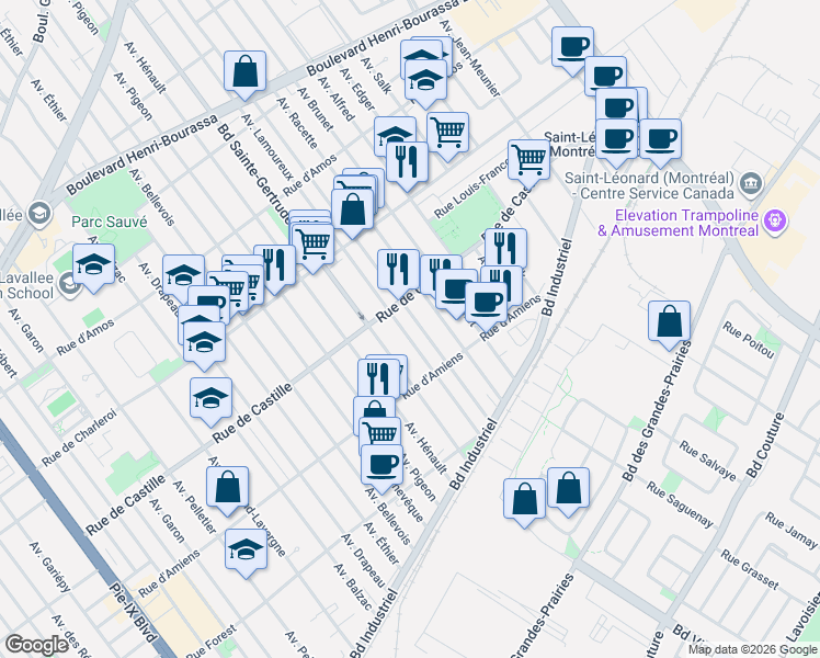map of restaurants, bars, coffee shops, grocery stores, and more near 10821 Avenue Lamoureux in Montréal