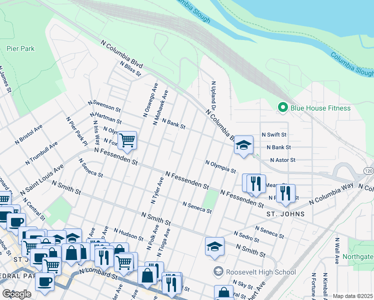 map of restaurants, bars, coffee shops, grocery stores, and more near 10016 North Polk Avenue in Portland