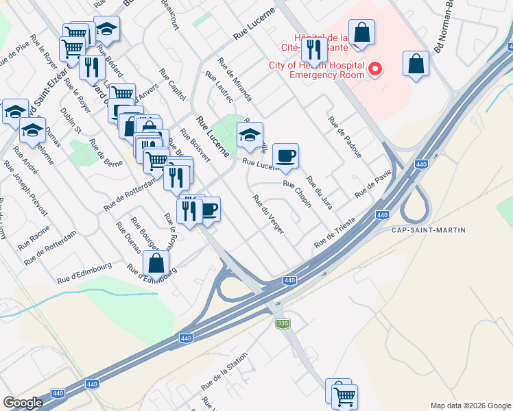 map of restaurants, bars, coffee shops, grocery stores, and more near 1660 Rue du Verger in Laval