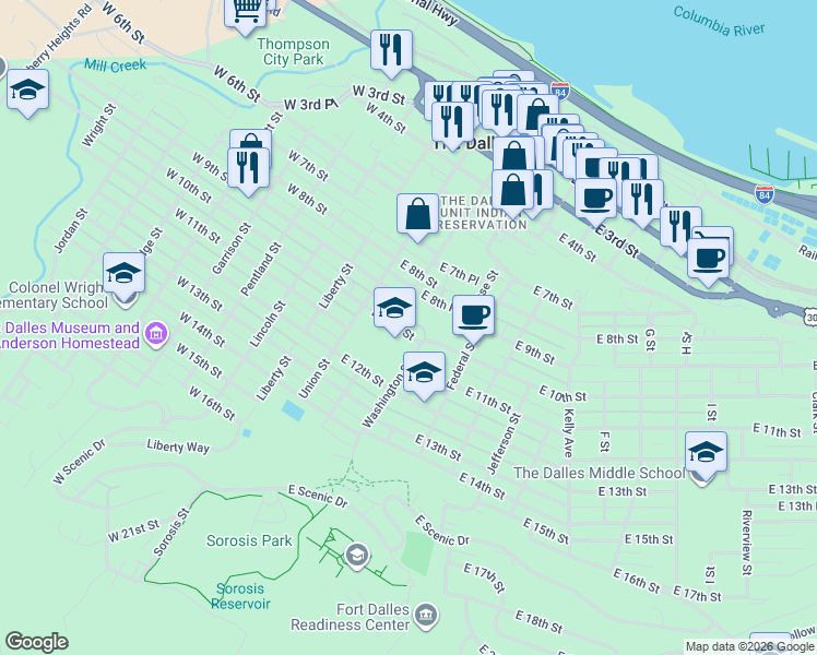map of restaurants, bars, coffee shops, grocery stores, and more near 209 East 10th Street in The Dalles