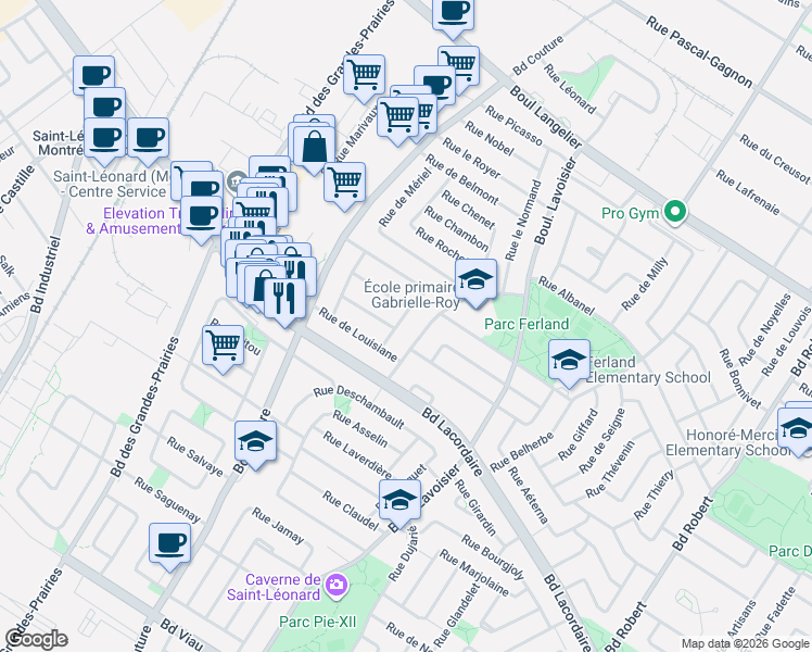 map of restaurants, bars, coffee shops, grocery stores, and more near 5870 Rue Gauvreau in Montréal