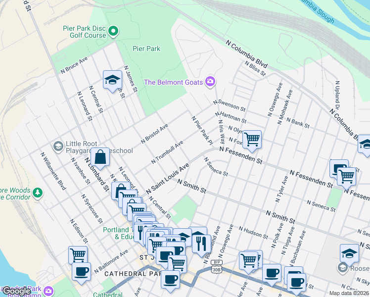 map of restaurants, bars, coffee shops, grocery stores, and more near 9239 North Seneca Street in Portland