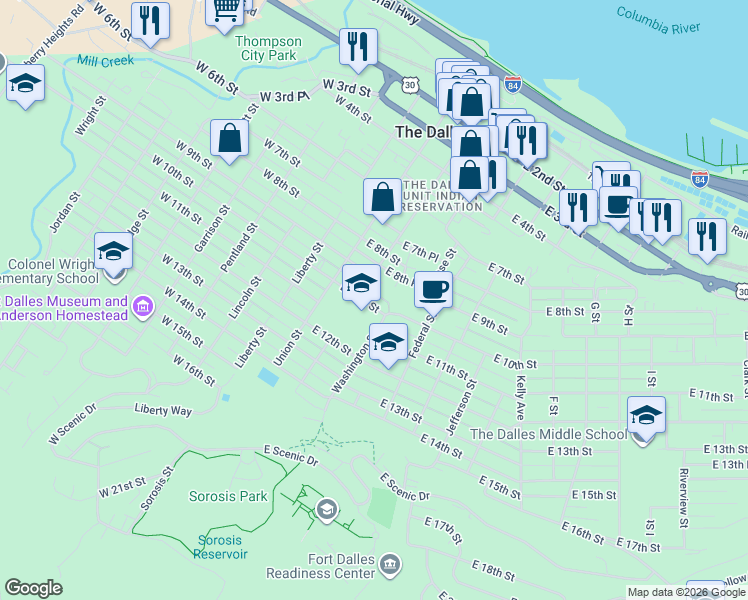 map of restaurants, bars, coffee shops, grocery stores, and more near 209 East 10th Street in The Dalles