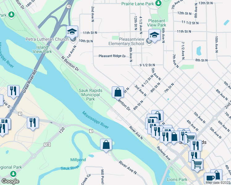 map of restaurants, bars, coffee shops, grocery stores, and more near 922 North Benton Drive in Sauk Rapids