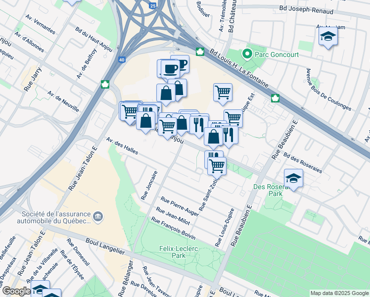 map of restaurants, bars, coffee shops, grocery stores, and more near 7300 Boulevard des Galeries d'Anjou in Montréal