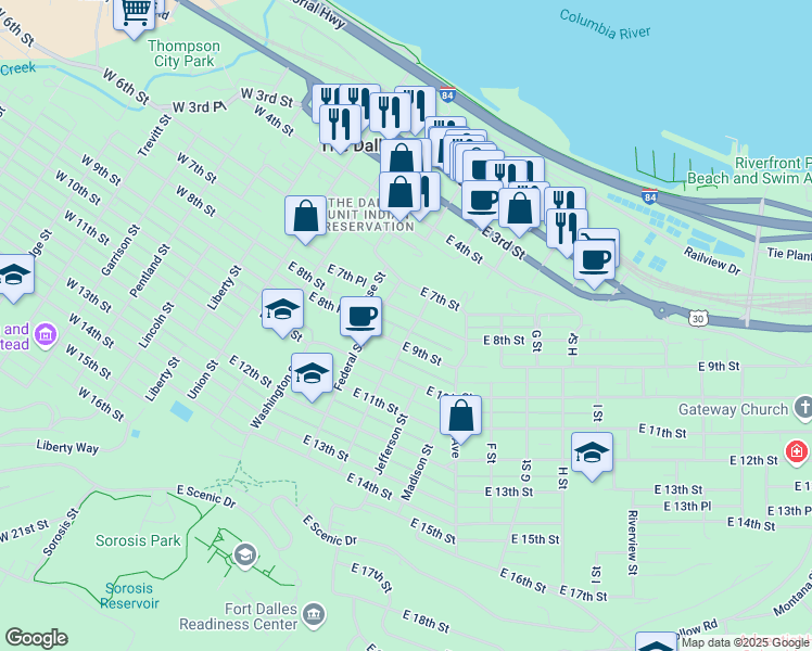map of restaurants, bars, coffee shops, grocery stores, and more near 420 East 8th Street in The Dalles